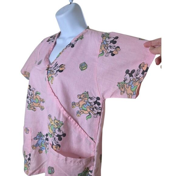 Vintage Disney Babies Mickey Minnie V-neck Scrub Top Womens XS Pink CUTTER - Picture 3 of 6